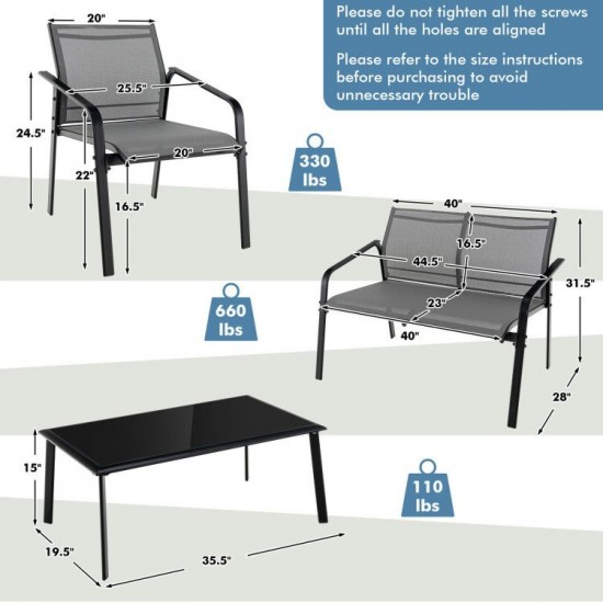Honhorrs Four-Piece Fabric Patio Chat Set, Loveseat and Armchairs with Steel Frames and Glass Table