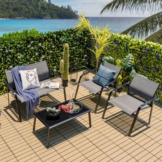 Honhorrs Four-Piece Fabric Patio Chat Set, Loveseat and Armchairs with Steel Frames and Glass Table