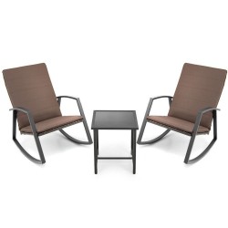 XVX Three-Piece Patio Rocking Set, Rattan Chairs with Strapped Cushions and a Matching Side Table
