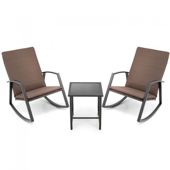 Owlyin Three-Piece Patio Rocking Set, Rattan Chairs with Strapped Cushions and a Matching Side Table