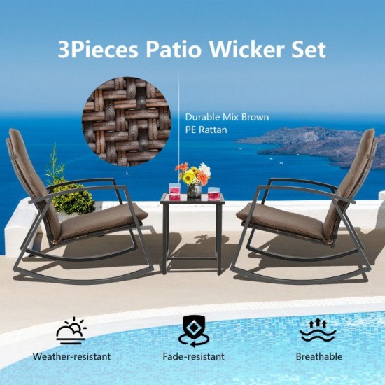 Owlyin Three-Piece Patio Rocking Set, Rattan Chairs with Strapped Cushions and a Matching Side Table