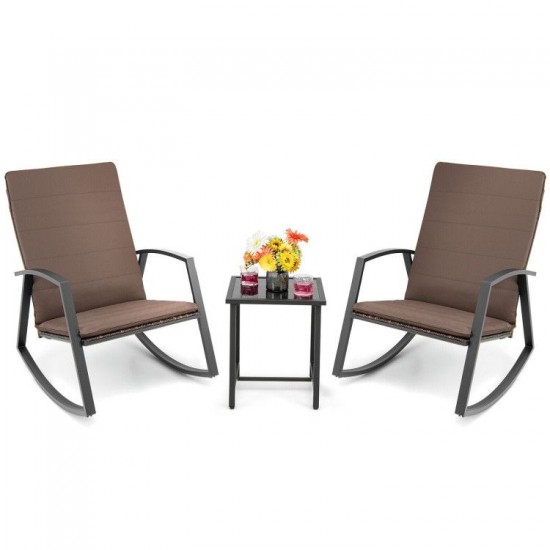 Owlyin Three-Piece Patio Rocking Set, Rattan Chairs with Strapped Cushions and a Matching Side Table