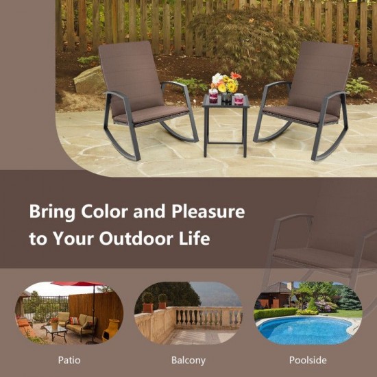 Owlyin Three-Piece Patio Rocking Set, Rattan Chairs with Strapped Cushions and a Matching Side Table