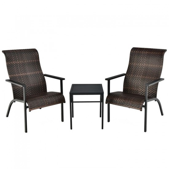 Honhorrs Three-Piece Patio Bistro Set, High-Back Wicker Armchairs and Table on Coated Steel Frames