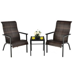 XVX Three-Piece Patio Bistro Set, High-Back Wicker Armchairs and Table on Coated Steel Frames