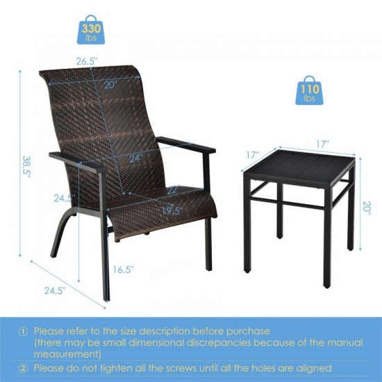 Honhorrs Three-Piece Patio Bistro Set, High-Back Wicker Armchairs and Table on Coated Steel Frames