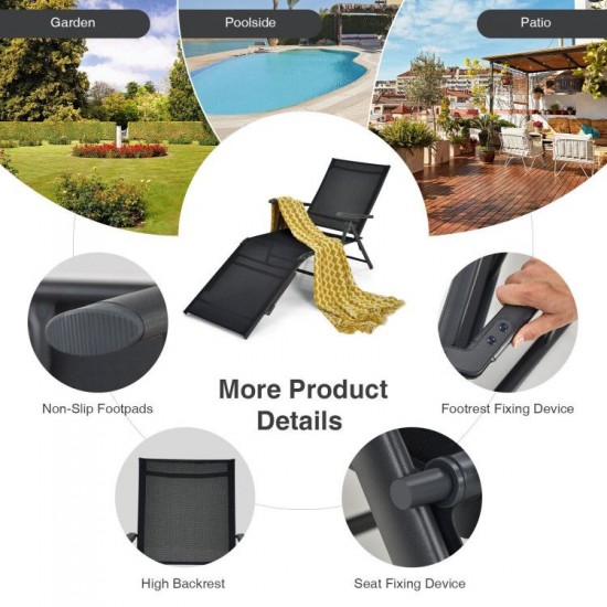 Honhorrs Two Folding Patio Chaise Chairs, Five Backrest Settings and Two Footrest Positions on Steel