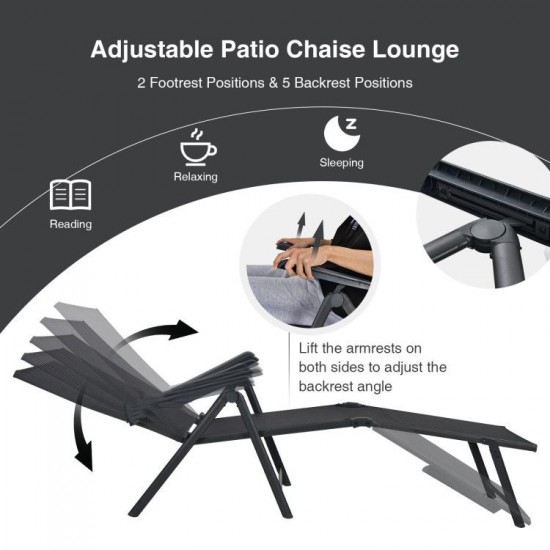 Honhorrs Two Folding Patio Chaise Chairs, Five Backrest Settings and Two Footrest Positions on Steel