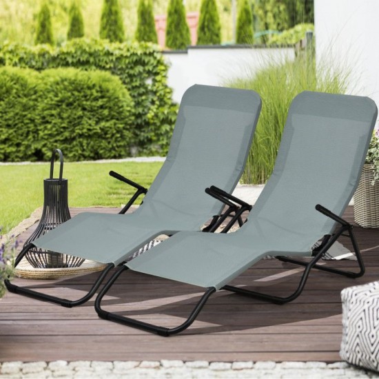 Honhorrs Two Rocking Patio Chaise Loungers, Folding Steel Frames with Breathable Fabric and Armrests