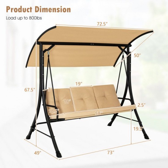 Honhorrs Three-Person Porch Swing, Olefin Seat with Padded Cushions and Adjustable Overhead Canopy