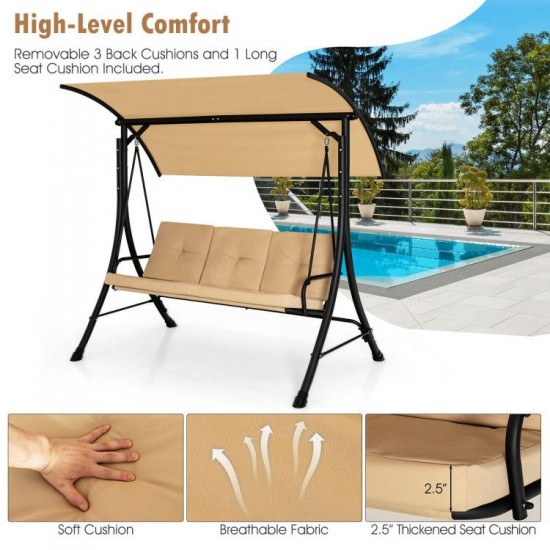 Honhorrs Three-Person Porch Swing, Olefin Seat with Padded Cushions and Adjustable Overhead Canopy