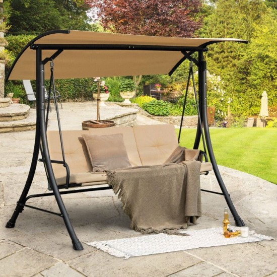 Honhorrs Three-Person Porch Swing, Olefin Seat with Padded Cushions and Adjustable Overhead Canopy