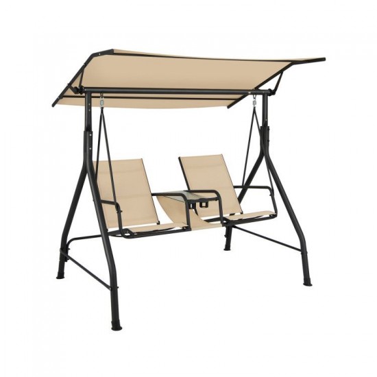 Honhorrs Two-Seat Canopy Porch Swing, Glass Drink Table with Cup Holders and Steel Support Frame