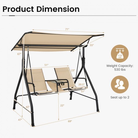 Honhorrs Two-Seat Canopy Porch Swing, Glass Drink Table with Cup Holders and Steel Support Frame