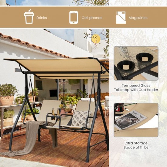 Honhorrs Two-Seat Canopy Porch Swing, Glass Drink Table with Cup Holders and Steel Support Frame