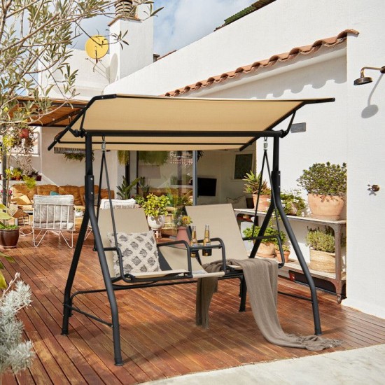 Honhorrs Two-Seat Canopy Porch Swing, Glass Drink Table with Cup Holders and Steel Support Frame