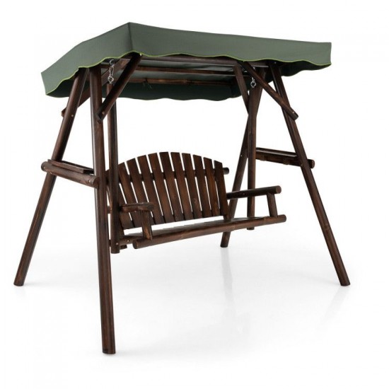 Honhorrs Two-Person Fir Porch Swing, Adjustable Canopy and Two Side Tables on an A-Frame Stand