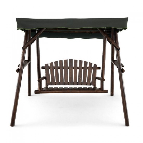 Honhorrs Two-Person Fir Porch Swing, Adjustable Canopy and Two Side Tables on an A-Frame Stand