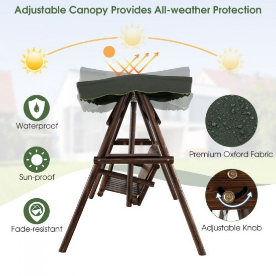 Honhorrs Two-Person Fir Porch Swing, Adjustable Canopy and Two Side Tables on an A-Frame Stand