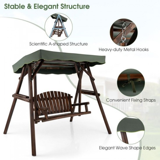 Honhorrs Two-Person Fir Porch Swing, Adjustable Canopy and Two Side Tables on an A-Frame Stand