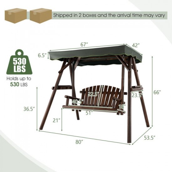 Honhorrs Two-Person Fir Porch Swing, Adjustable Canopy and Two Side Tables on an A-Frame Stand