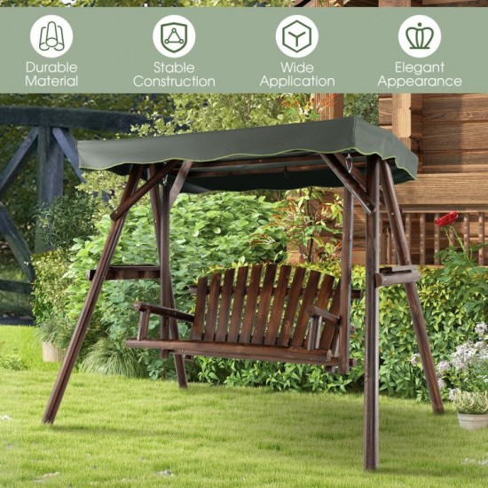 Honhorrs Two-Person Fir Porch Swing, Adjustable Canopy and Two Side Tables on an A-Frame Stand