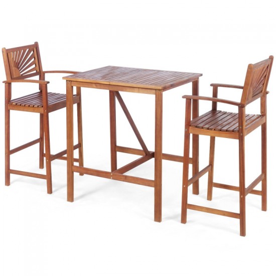 Honhorrs Acacia Wood Patio Bar Trio: Table and Two Stools with Reversible Sunflower-Pattern Backs