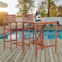 Honhorrs Acacia Wood Patio Bar Trio: Table and Two Stools with Reversible Sunflower-Pattern Backs