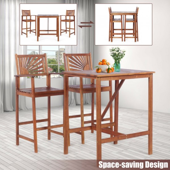 Honhorrs Acacia Wood Patio Bar Trio: Table and Two Stools with Reversible Sunflower-Pattern Backs