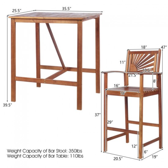 Honhorrs Acacia Wood Patio Bar Trio: Table and Two Stools with Reversible Sunflower-Pattern Backs