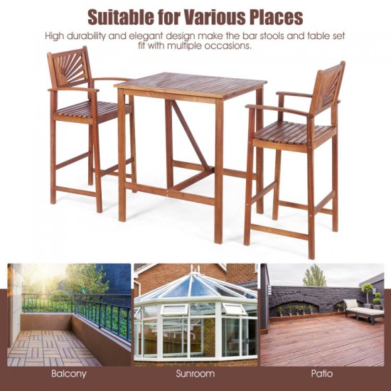 Honhorrs Acacia Wood Patio Bar Trio: Table and Two Stools with Reversible Sunflower-Pattern Backs