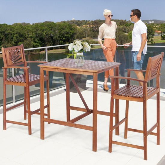 Honhorrs Acacia Wood Patio Bar Trio: Table and Two Stools with Reversible Sunflower-Pattern Backs
