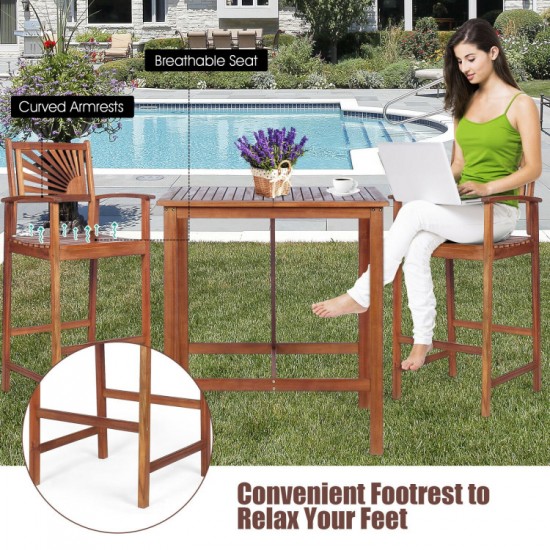Honhorrs Acacia Wood Patio Bar Trio: Table and Two Stools with Reversible Sunflower-Pattern Backs