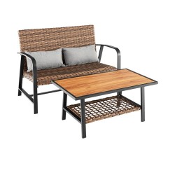 XVX Two-Piece Wicker Patio Loveseat Set, Air-Fiber Seat Cushion and DPC Coffee Table with Shelf