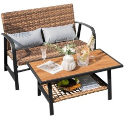 XVX Two-Piece Wicker Patio Loveseat Set, Air-Fiber Seat Cushion and DPC Coffee Table with Shelf