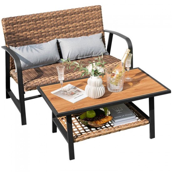 Honhorrs Two-Piece Wicker Patio Loveseat Set, Air-Fiber Seat Cushion and DPC Coffee Table with Shelf