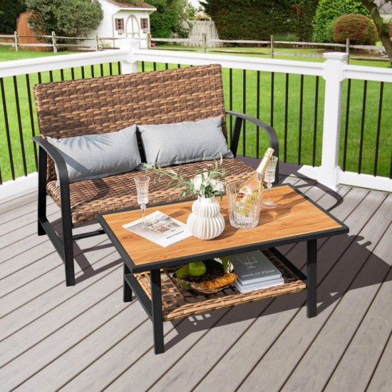 Honhorrs Two-Piece Wicker Patio Loveseat Set, Air-Fiber Seat Cushion and DPC Coffee Table with Shelf