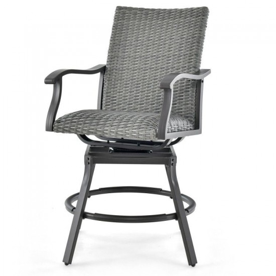 Honhorrs Pair of Swivel Patio Bar Chairs, Woven Rattan with 4D Fiber Cushions and Nonslip Footrests