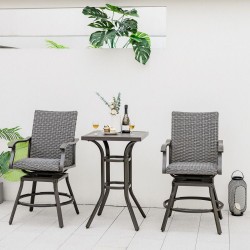 Honhorrs Pair of Swivel Patio Bar Chairs, Woven Rattan with 4D Fiber Cushions and Nonslip Footrests