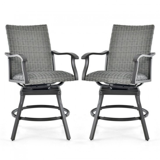Honhorrs Pair of Swivel Patio Bar Chairs, Woven Rattan with 4D Fiber Cushions and Nonslip Footrests