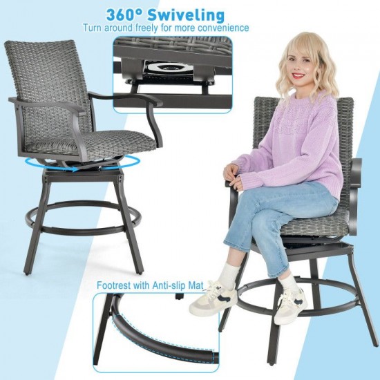 Honhorrs Pair of Swivel Patio Bar Chairs, Woven Rattan with 4D Fiber Cushions and Nonslip Footrests