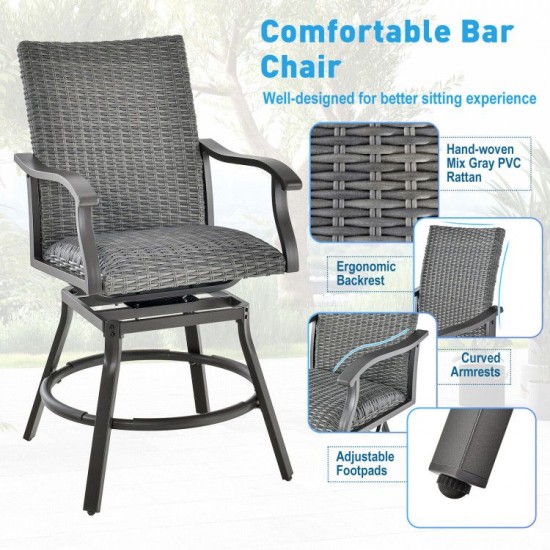 Honhorrs Pair of Swivel Patio Bar Chairs, Woven Rattan with 4D Fiber Cushions and Nonslip Footrests