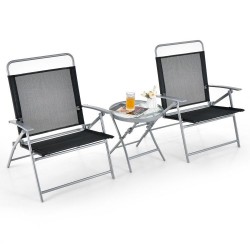 XVX Three-Piece Folding Patio Conversation Set, Wide Fabric Chairs and Tempered-Glass Table