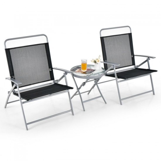 Honhorrs Three-Piece Folding Patio Conversation Set, Wide Fabric Chairs and Tempered-Glass Table