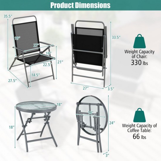 Honhorrs Three-Piece Folding Patio Conversation Set, Wide Fabric Chairs and Tempered-Glass Table
