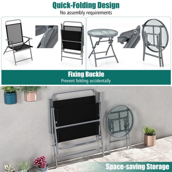 Honhorrs Three-Piece Folding Patio Conversation Set, Wide Fabric Chairs and Tempered-Glass Table