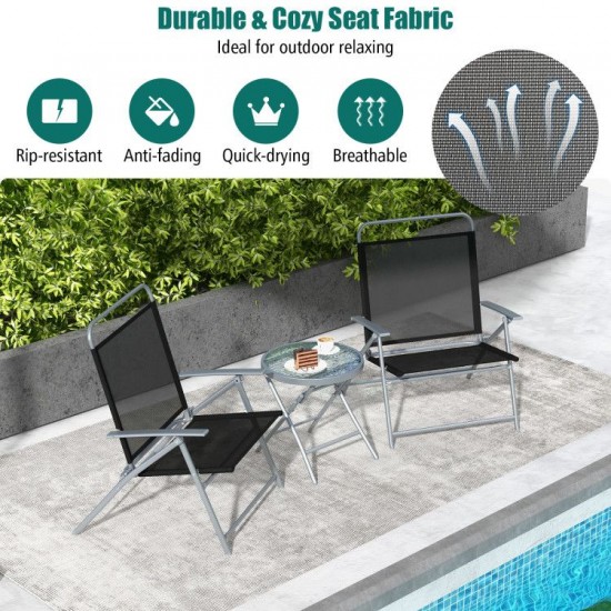 Honhorrs Three-Piece Folding Patio Conversation Set, Wide Fabric Chairs and Tempered-Glass Table