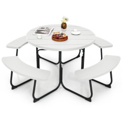 Honhorrs Eight-Person HDPE Picnic Table and Benches, Metal X-Braced Frame with Center Umbrella Hole