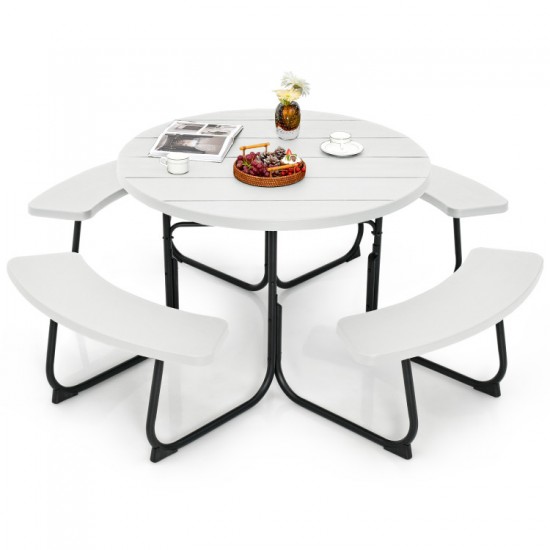 Honhorrs Eight-Person HDPE Picnic Table and Benches, Metal X-Braced Frame with Center Umbrella Hole