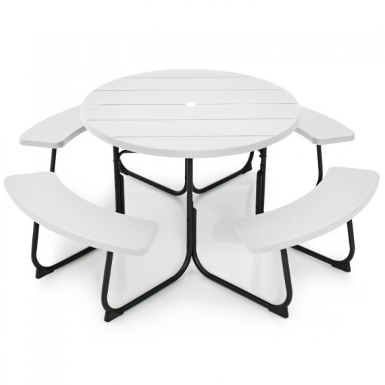 Honhorrs Eight-Person HDPE Picnic Table and Benches, Metal X-Braced Frame with Center Umbrella Hole